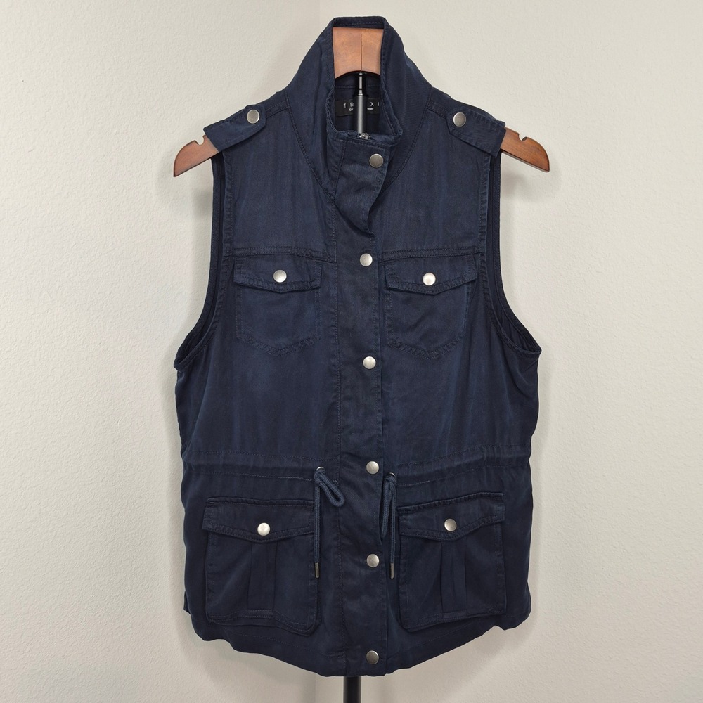 Trixxi Navy Blue Tencel Utility Vest  Full Zip Snap Pockets Epaulettes Medium